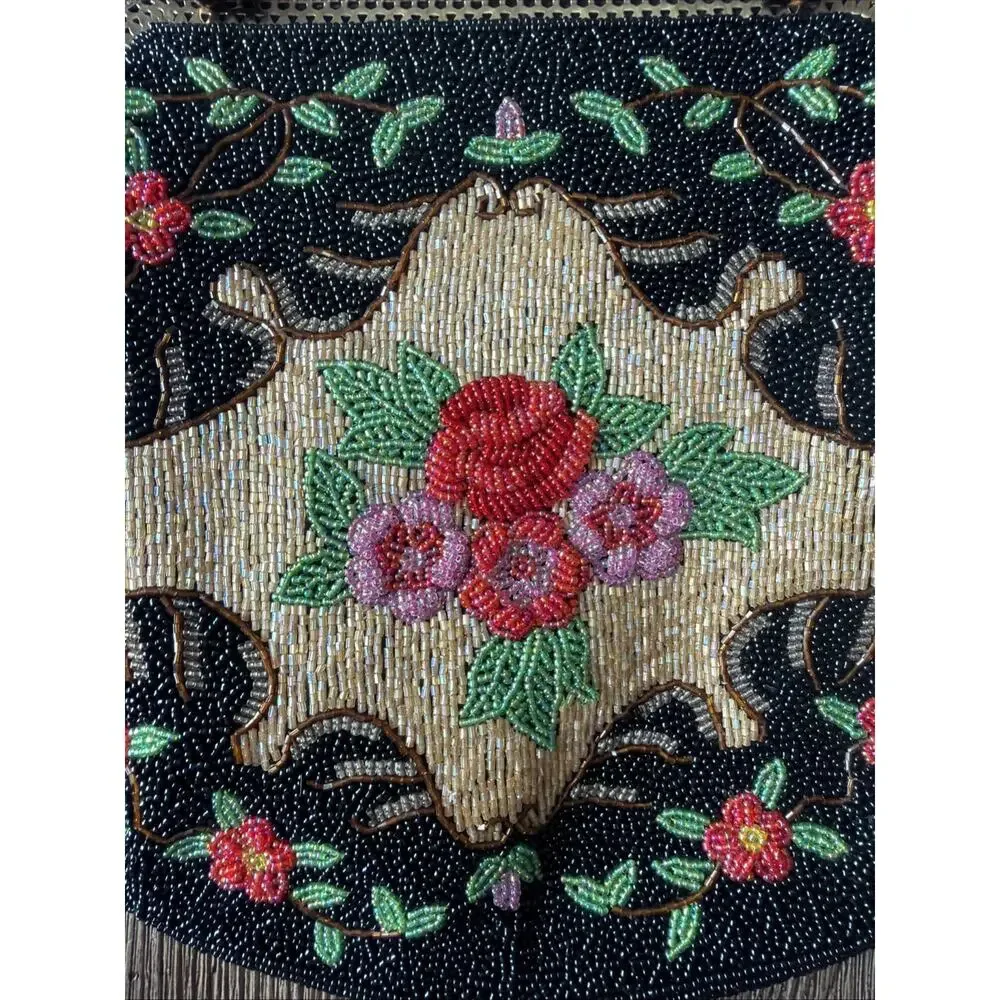 Vintage Hand Beaded Purse Black Colorful Roses Bag 1950 1960 flapper party - Picture 9 of 16